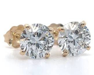 3.06 Carat Diamond Round Brilliant Cut Classic Solitaire Stud Earrings in 14k Yellow Gold