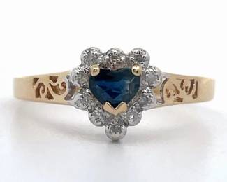 Blue Sapphire & Diamond Heart Halo Trellis Openwork Ring in 14k Yellow Gold