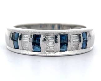 Blue Sapphire & Diamond Channel Bar Ring in 14k White Gold