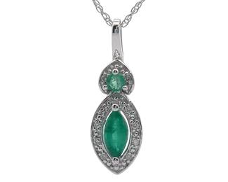 NEW! Natural Emerald & Diamond Double Drop Pendant Necklace in White Gold