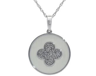 Van Cleef Style 0.15 Carat Diamond & White Enamel Pendant Necklace in White Gold