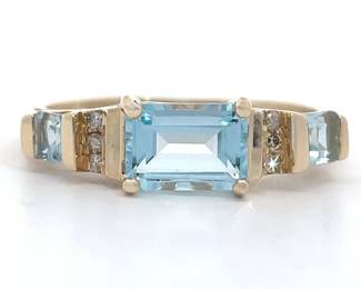 Emerald Cut Blue Topaz & Diamond Channel Bar Filigree Ring in 14k Yellow Gold