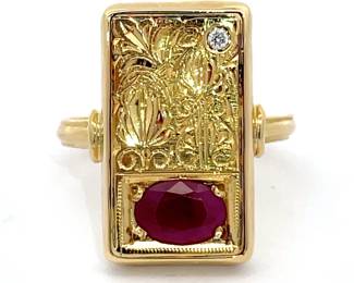 Made in Athens! Handcrafted Designer Athena Gaia Ruby & Diamond Anthemion Long Ring in 18k Yellow Gold