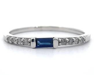 Blue Sapphire Baguette & Diamond Slim Stacking Ring in White Gold