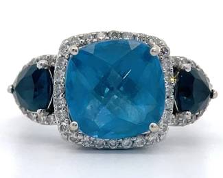 Blue Topaz & Diamond Triple Halo Filigree Ring in 14k White Gold