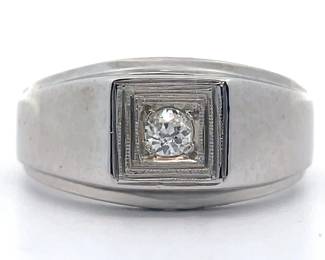 Men's Diamond Solitaire Square Bezel Beveled Ring in 14k White Gold