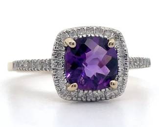 NEW! Vibrant Amethyst & Diamond Cushion Halo Ring in 14k Yellow Gold
