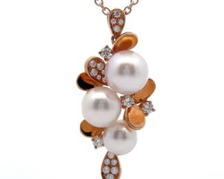 Stauer Pearl & Diamond Cluster Pendant Necklace in 14k Rose Gold