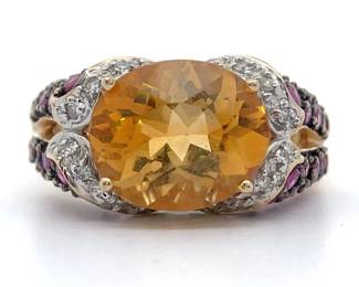 Ornate Citrine, Diamond & Pave Ruby Domed Estate Ring in 14k Gold