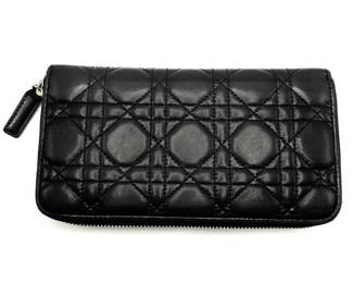 Christian Dior Black Cannage Leather Round Zipper Long Wallet with Original Box - Authentic