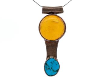 Artisan Navajo Baltic Amber & Turquoise Slide Pendant