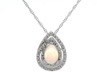 NEW! Pear White Opal & Diamond Double Halo Pendant Necklace in 14k White Gold