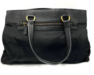 Prada Tessuto Tote Bag in Black Leather x Nylon Hand Bag - Authentic