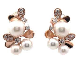 Stauer Pearl & Diamond Cluster Earrings in 14k Rose Gold
