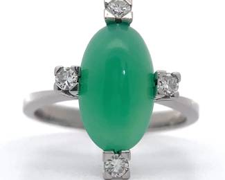 Striking 3.30 Carat Green Chalcedony & Four-Stone Diamond Ring in 18k White Gold