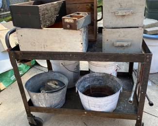 Metal Roll Cart with Industrial Boxes & Buckets 