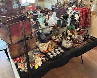 Antiques, collectibles, and treasures abound! Featuring Primitive, Antique, and Mid-Century Modern furniture, original art (Margaret Keane, Coca-Cola, Star Wars), lighting (wrought iron, patio lamps), military gear (WWII memorabilia, musket), collectibles (gold, silver, watches, Star Wars sets), tons of vinyl records (some sealed!), and kitchenware (new, vintage Pyrex).

Also featuring musical instruments, electronics, tools, garage items, and household essentials (brand new appliances, bedding, and more). Truly something for everyone!