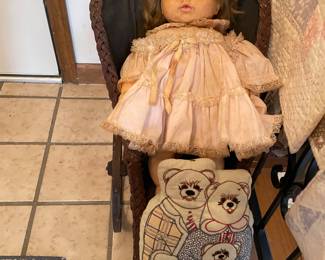 vintage doll carriage & sad baby