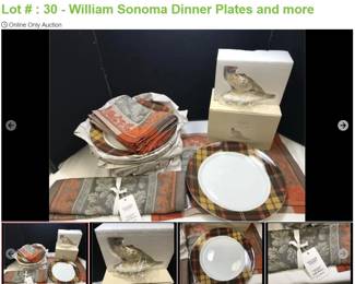 Lot # : 30 - William Sonoma Dinner Plates and more
0 William Sonoma Dinner plates 12 1/4" round and 8 place mats and a table runner. Also a Lenox Autumn Pheasant SKU# 814277 7" across x 4 " tall.