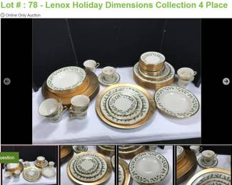 Lot # : 78 - Lenox Holiday Dimensions Collection 4 Place
Lenox Holiday Dimensions Collection 8 Dinner plates, 4 Salad plates, 4 Desert plates, 4 Soup bowls, 8 cups and Saucers and 8 gold tone chargers.
