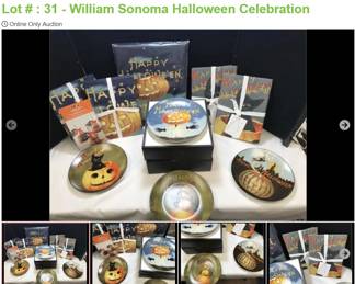 Lot # : 31 - William Sonoma Halloween Celebration
8 Halloween Dishes, Table runner, 8 napkins and a caramel apple kit.