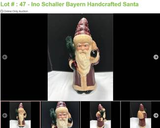 Lot # : 47 - Ino Schaller Bayern Handcrafted Santa
The Schaller Family of Germany continue a century tradition of creating stunning paper Mache creations. This Santa is a 16 1/2" tall representation of the families skill.