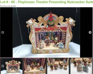 Lot # : 60 - Playhouse Theatre Presenting Nutcracker Suite
Includes Playhouse Theatre that measures 15" x 14 1/2" x 5" deep and 4 Nutcracker Suite key actors Nutcracker, Clare, Mouse King and Sugar Plum Fairy. No box.