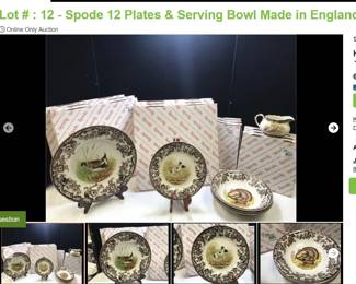 Lot # : 12 - Spode 12 Plates & Serving Bowl Made in England
3 Rabbit Dinner plates 10 3/4" 3 Salad/Dessert plates 7 3/4" 3 Turkey Dinner plates 10 3/4", 3 Salad/Dessert plates 7 3/4", 3 bowls with a Turkey. Additional pieces are 1 Lapwing Dinner plate, 1 Salad/Dessert Hunting dogs Flat Coat Pointer and a creamer by Paissley of England. Spode dishes are dishwasher and microwave oven safe