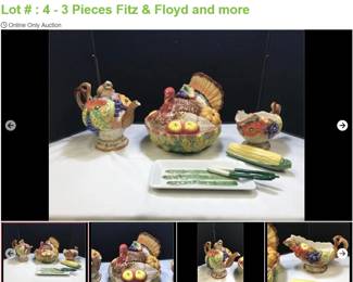 Lot # : 4 - 3 Pieces Fitz & Floyd and more
Turkey covered dish 9 1/2" across x 9 " tall Pitcher with Quail measures 10 1/4" across x 8 1/2" tall Gravy Boat 9" across x 5 1/2" tall and Fitz & Floyd Asparagus plate 9" long. No visible chips or cracks.