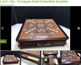 Lot # : 23a - Frontgate Adult Collectible Scrabble
Swivel board a top a storage area for tiles, timer and score cards measures 17" x 17" x 3" tall.