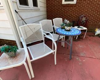 Outdoor furniture set 
3 chairs 3 side tables $100
Mosaic Table $25