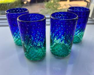 Set of 4 Blown Glass Bubble Tumbler Blue Green Ombre
