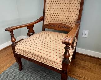 Victorian Style Cream/Cherry Upholstery Armchair with Turned Arms