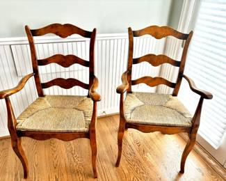 Pair of French Country Ladder Back with Rush Seat Dining Arm Chairs
