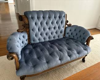Victorian Style Love Seat with Tufted Blue Velvet Upholstery