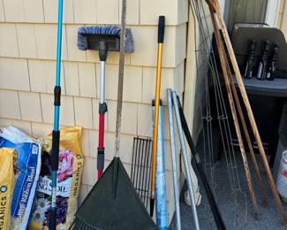 Assortment of Gardening Tools - Rakes, Potting Soil