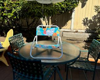 Green Aluminum Table with Glass Top & 3 Matching Chairs