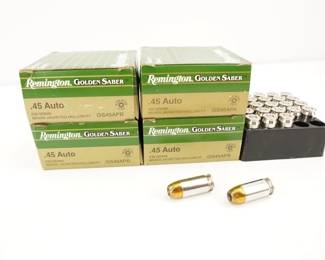Make: Remington
Model: 100 rounds Golden Saber
Caliber: .45 ACP
Condition: New
4 boxes of (25) rounds of Remington Golden Saber .45 Home Defense rounds.