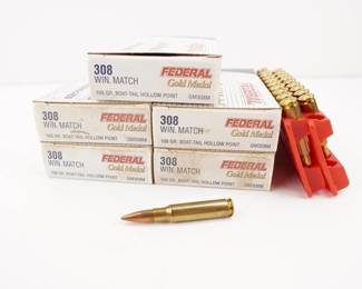Make: Federal
Model: 100 Rounds Gold Medal
Caliber: .308 WIN
Condition: New
5 boxes of (20) rounds of Federal Gold Metal 168 GR Boat Tail HP .308 WIN MATCH ammo.