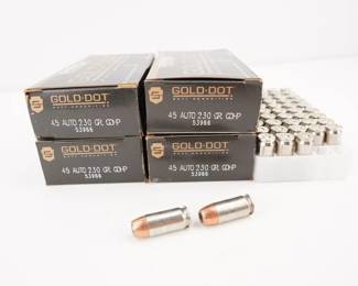 Make: Speer
Model: 200 Rounds Gold Dot
Caliber: .45 AUTO
Condition: New
4 boxes of (50) rounds of Speer 230 GR Gold Dot GDHP rounds.