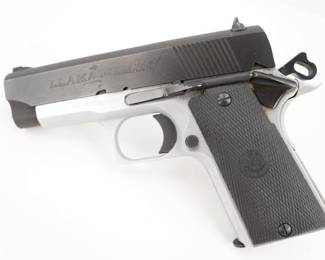 Make: Llama
Model: Minima X 45
Caliber: .45 ACP
Action: Semi
Barrel: 3.75
Bore: Shiny
Serial # 71-04-03990-04
Condition: Very Good
Importer: R.S.A. Inc
Designed for concealed carry, this cut-down 1911 style pistol featured an extended safety lever, rounded hammer, Swartz safety, 3-dot sight, checkered neoprene grips and contoured trigger-guard. The use of a flared muzzle eliminated the traditional Llama barrel bushing and made dis-assembly easier. High capacity variant of the Mini Max model. Wider grip frame supports a 10-round double-stack magazine,Chambered in .45 this pistol is in very good condition, showing normal signs of use and wear.