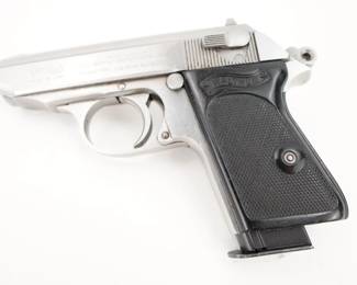 Make: Walther
Model: PPK
Caliber: 9mm Kurz/.380 ACP
Action: Semi
Barrel: 3.25
Bore: Shiny
Serial # A042163
Condition: Very Good
This Interarms (Walther) PPK in .380 ACP is in excellent condition. The stainless finish shows very little wear. The bore is bright and shiny. The sights feature red accents both on the front sight post and under the rear sight notch. Sold with one magazine.