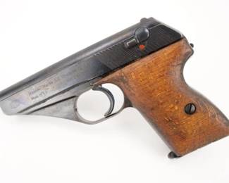 Make: Mauser
Model: HSc
Caliber: 7.65
Action: Semi
Barrel: 3.25
Bore: Shiny
Serial # 963187
Condition: Very Good
Importer: CAI
The Mauser HSc is a 7.65mm pistol introduced in Nazi Germany during World War II, and manufactured until 1977. The designation HSc stood for Hahn Selbstspanner Pistol, third and final design "C". Production was continued in 1945–1946 during the French occupation and, from 1968 to 1977 by Mauser. Sold with one magazine this HSc is in very good condition, showing normal signs of use and wear.