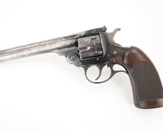 Make: H&R
Model: Sportsman
Caliber: .22 LR
Action: DA
Barrel: 6
Bore: Shiny
Serial # NSN
Condition: Very Good
The H&R Sportsman is a double action .22LR revolver. It features a 6-inch barrel, 9-round top-break cylinder, fixed sights, blued finish, and checkered wood grips. The revolver is in very good condition, showing normal signs of use and wear.