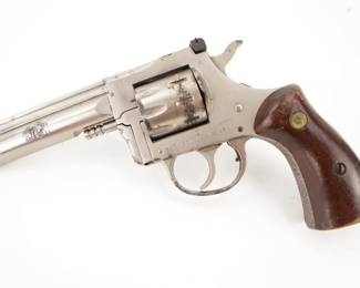 Make: H&R
Model: 905
Caliber: .22 LR
Action: DA
Barrel: 4
Bore: Bright
Serial # AY069457
Condition: Very Good
The 905 is the nickle-plated version of the 904, which is a ribbed heavy barrel version of the 903. These revolvers were manufactured between 1980-1986. This revolver features a 4in Bull barrel chambered in .22lr. This revolver remains in very good condition, showing normal signs of use and wear.