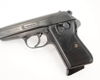 Make: CZ
Model: Vizor 50
Caliber: 7.65
Action: Semi
Barrel: 3.75
Bore: Shiny
Serial # C84790
Condition: Very Good
Importer: TA CO
The CZ-50 or VZOR 50 semi auto pistol in 32ACP caliber. Features a blued steel slide and frame, black plastic grips, 3.8in barrel, DA/SA trigger, fixed sights, decocker, and one magazine. This pistol is in very good condition.