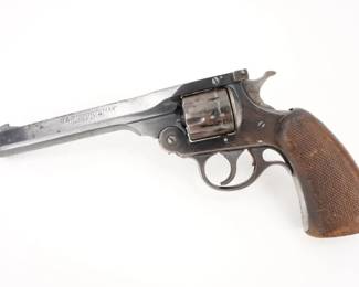 Make: H&R
Model: Sportsman
Caliber: .22 LR
Action: DA
Barrel: 6
Bore: Shiny
Serial # NSN
Condition: Very Good
The H&R Sportsman is a double action .22LR revolver. It features a 6-inch barrel, 9-round top-break cylinder, fixed sights, blued finish, and checkered wood grips. The revolver is in very good condition, showing normal signs of use and wear.