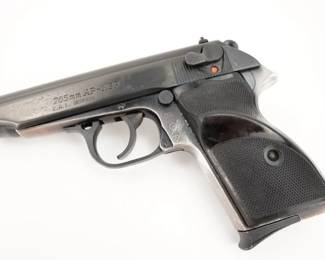 Make: FEG
Model: AP-MBP
Caliber: 7.65 MM
Action: Semi
Barrel: 4
Bore: Shiny
Serial # BK1863
Condition: Very Good
Importer: C.A.I.
The AP-MBP is a 7.65mm commercial version of the 9mm Hungarian PA-63, introduced in 1963 and made by Femaru-Fegyver-és Gépgyártó Részvénytár-saság (FEG). Available for a number of years from the 1970s, and featuring an aluminum-alloy frame. This pistol is in very good condition and comes with one magazine.