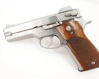 Make: Smith & Wesson
Model: 639
Caliber: 9mm
Action: Semi
Barrel: 4
Bore: Shiny
Serial # A783306
Condition: Very Good
The Smith & Wesson 639 is a traditional double-action 9x19mm caliber pistol. Stainless steel version of the all steel Smith & Wesson 539 and alloyed frame Smith & Wesson 439. Eight shot magazine, 4 inch barrel. This pistol is in very good condition with normal signs of handling. One magazine is included.