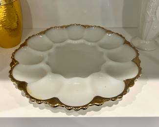 Milk Glass Deviled Egg Plate with Gold Trim